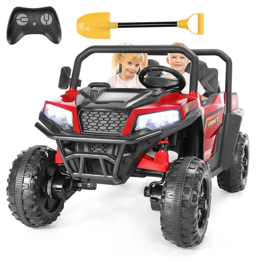 24V Electric Ride on Kids Car Dual Seat 4 wheeler with Shove and Shock Absorbers Dump Truck LED Lights Battery Powered Xmas Gif